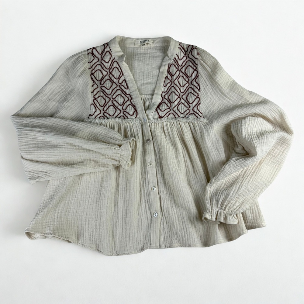 Embroidered Boho Gauze Blouse Womens S/M Ivory Peasant Balloon Sleeve ELENZA